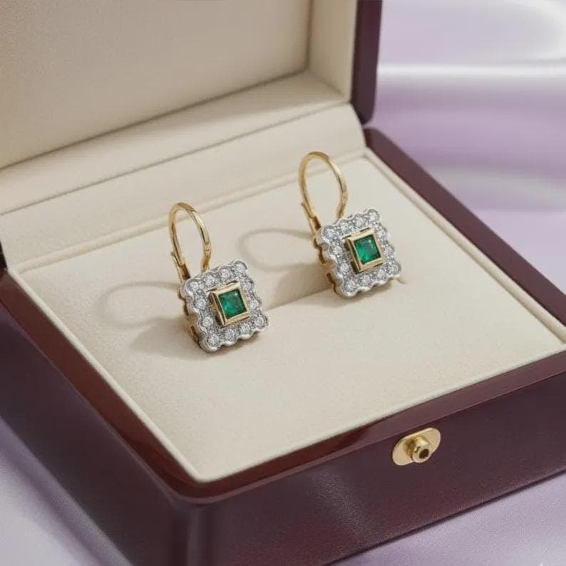 Princess Cut Emerald Halo Dangle Earrings — View 2