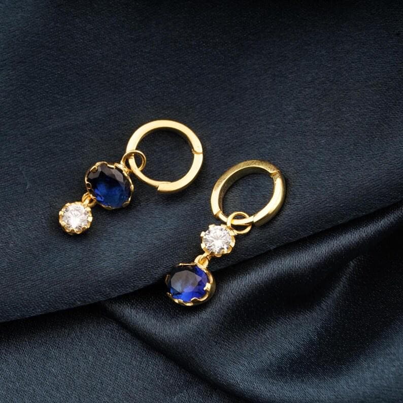 14k Gold Hoop Earrings with Blue Sapphire & — View 3