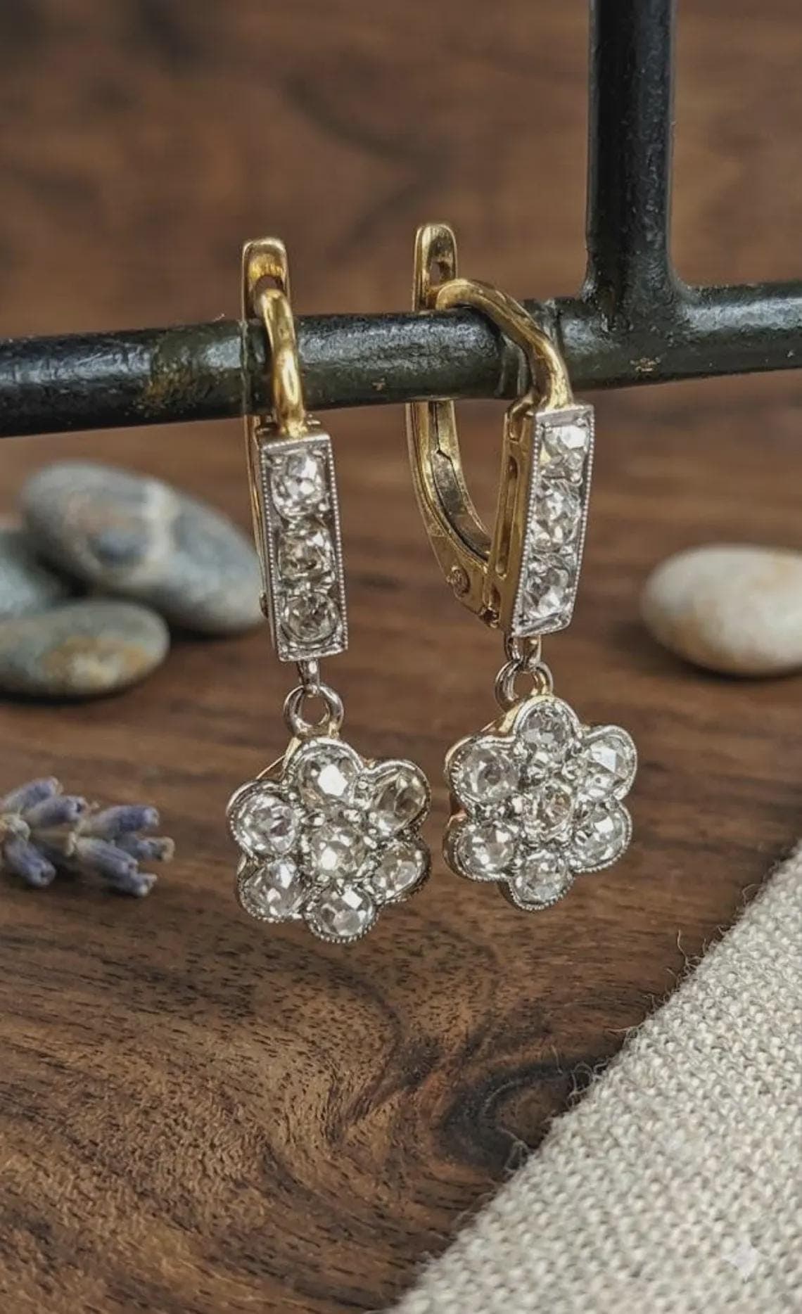 Vintage Diamond Flower Drop Earrings — View 2
