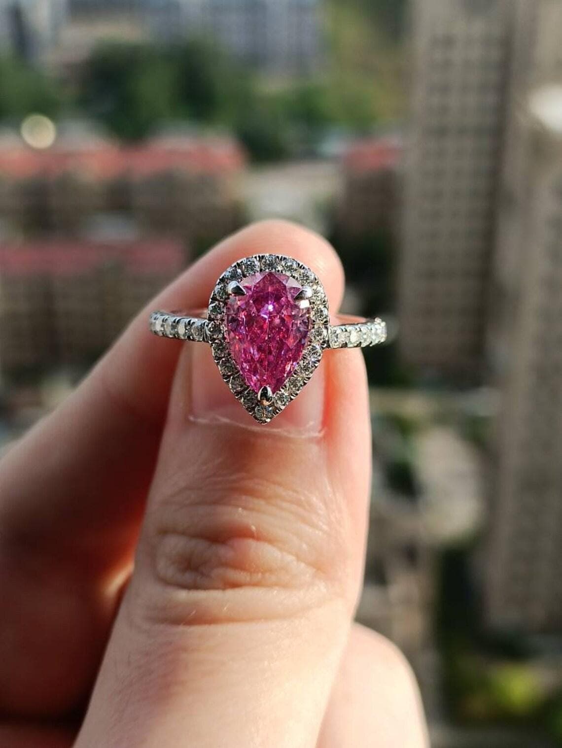 Fancy Pink Pear Cut Moissanite Engagement Ring — View 6