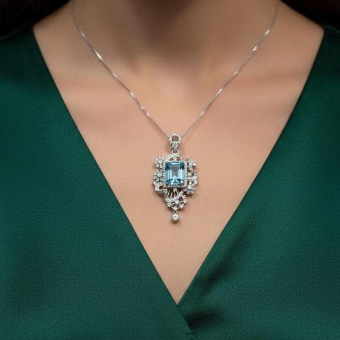Emerald Cut Aquamarine Halo Pendant — View 4