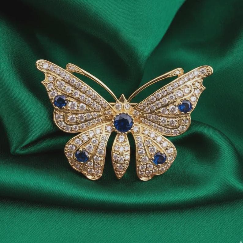 Round Cut Blue Sapphire Butterfly Brooch — View 4