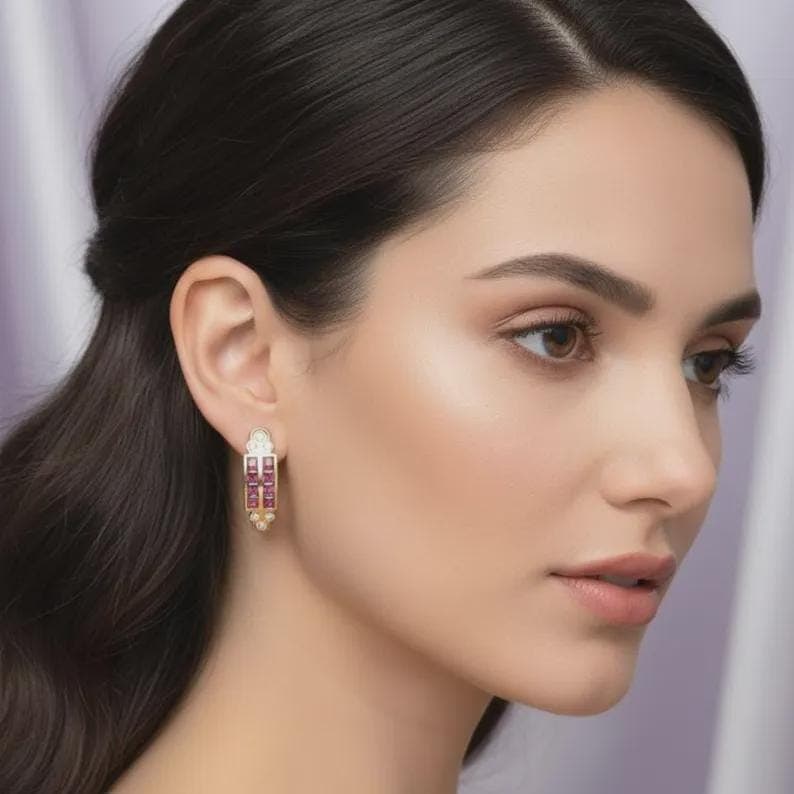 14K Gold Ruby Diamond Huggie Hoops — View 2