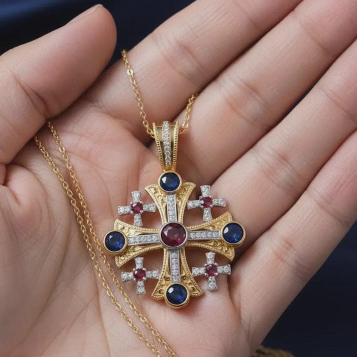 Round Sapphire & Garnet Cross Pendant Necklace For — View 3