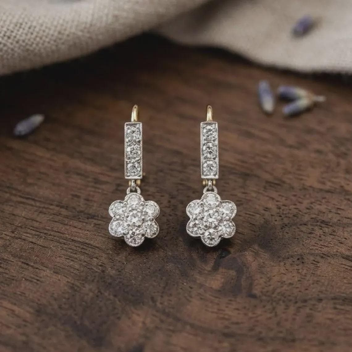 Vintage Diamond Flower Drop Earrings — View 3