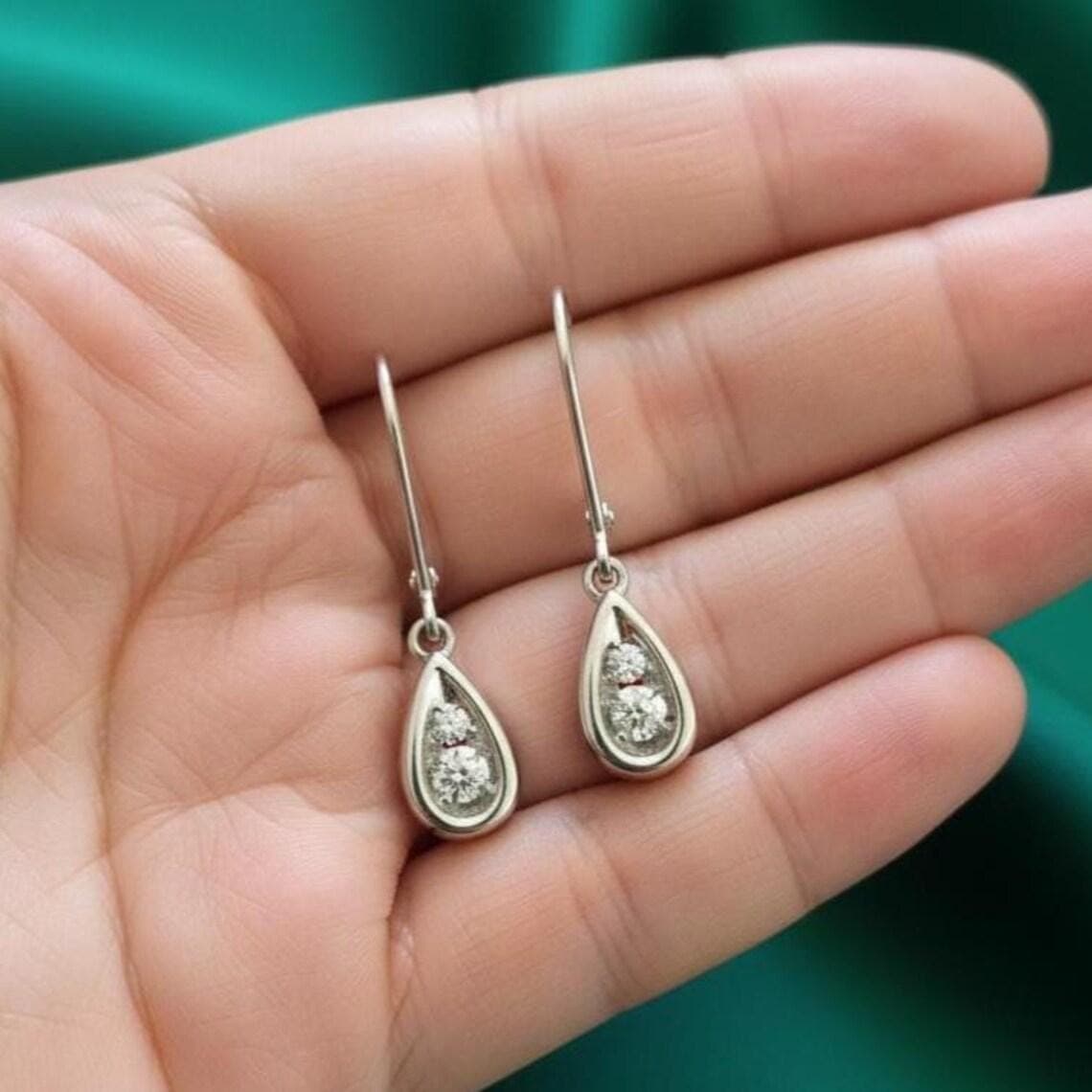 Moissanite Minimalist Two Stone Drop Dangle 14K White — View 2