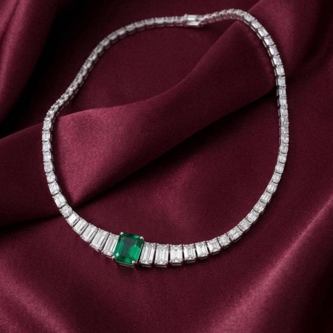 Green Emerald Cut Solitaire Tennis Necklace 14K Gold