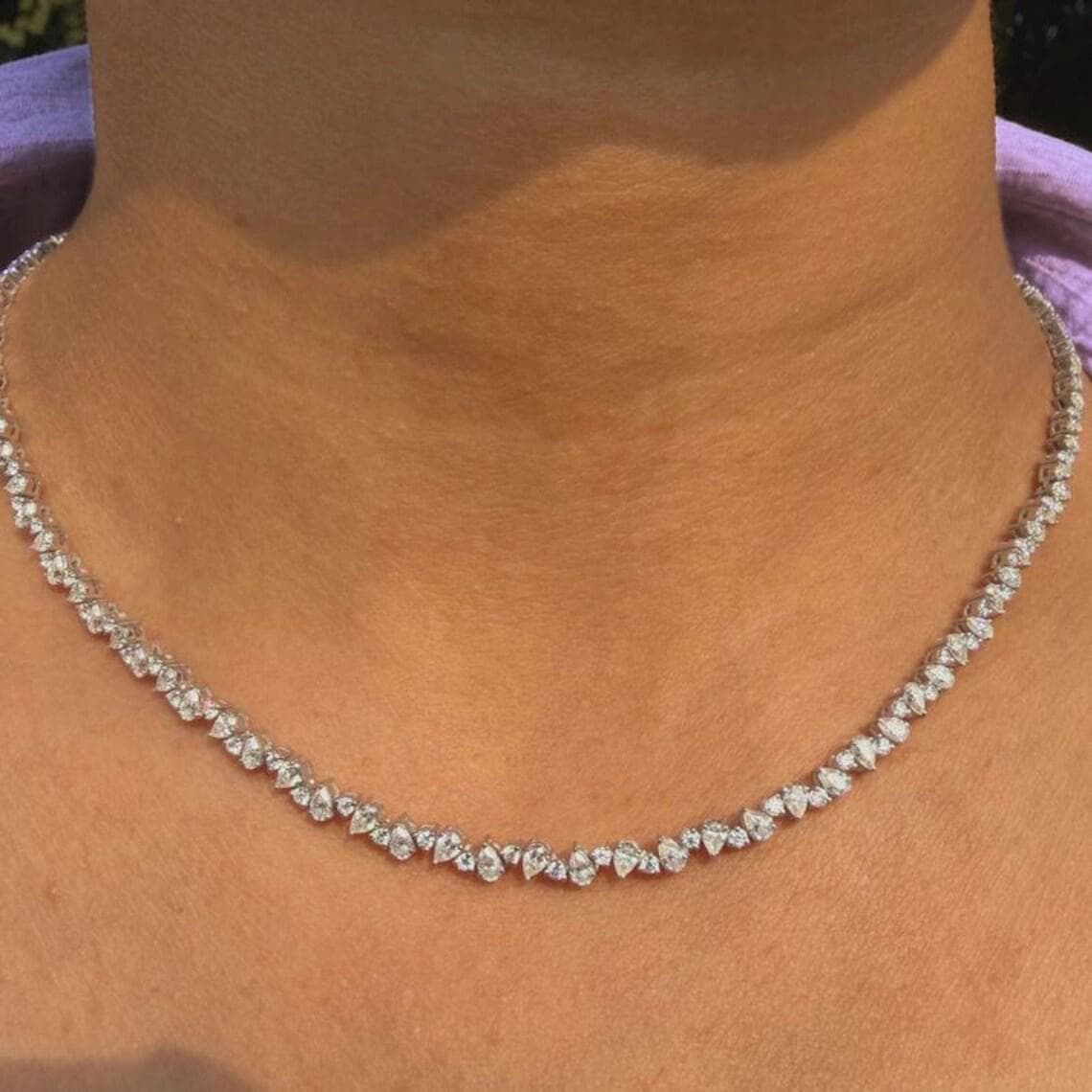 Dainty Pear Cut Diamond Tennis Necklace — View 4