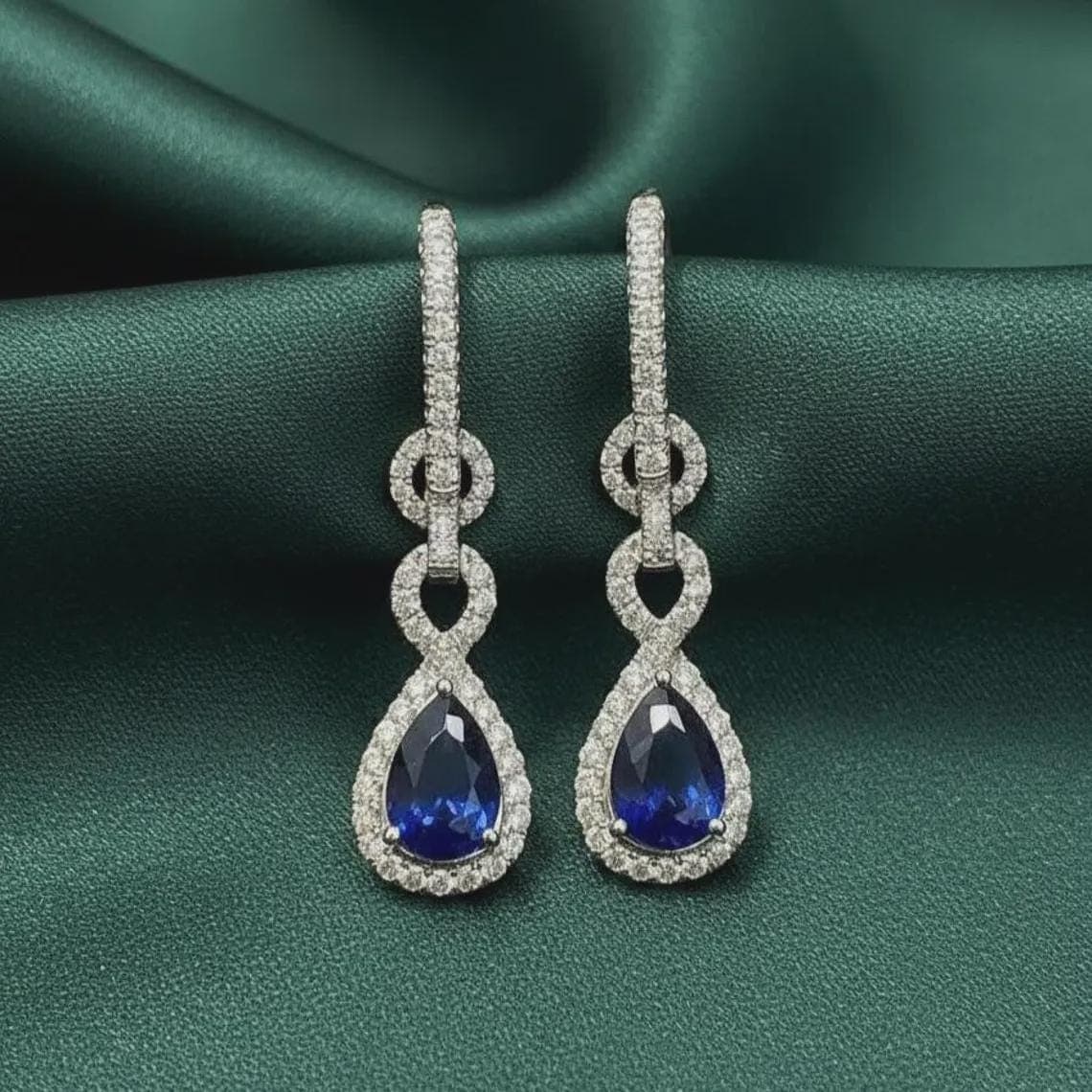 Pear Cut Blue Sapphire Halo Drop Earrings — View 3