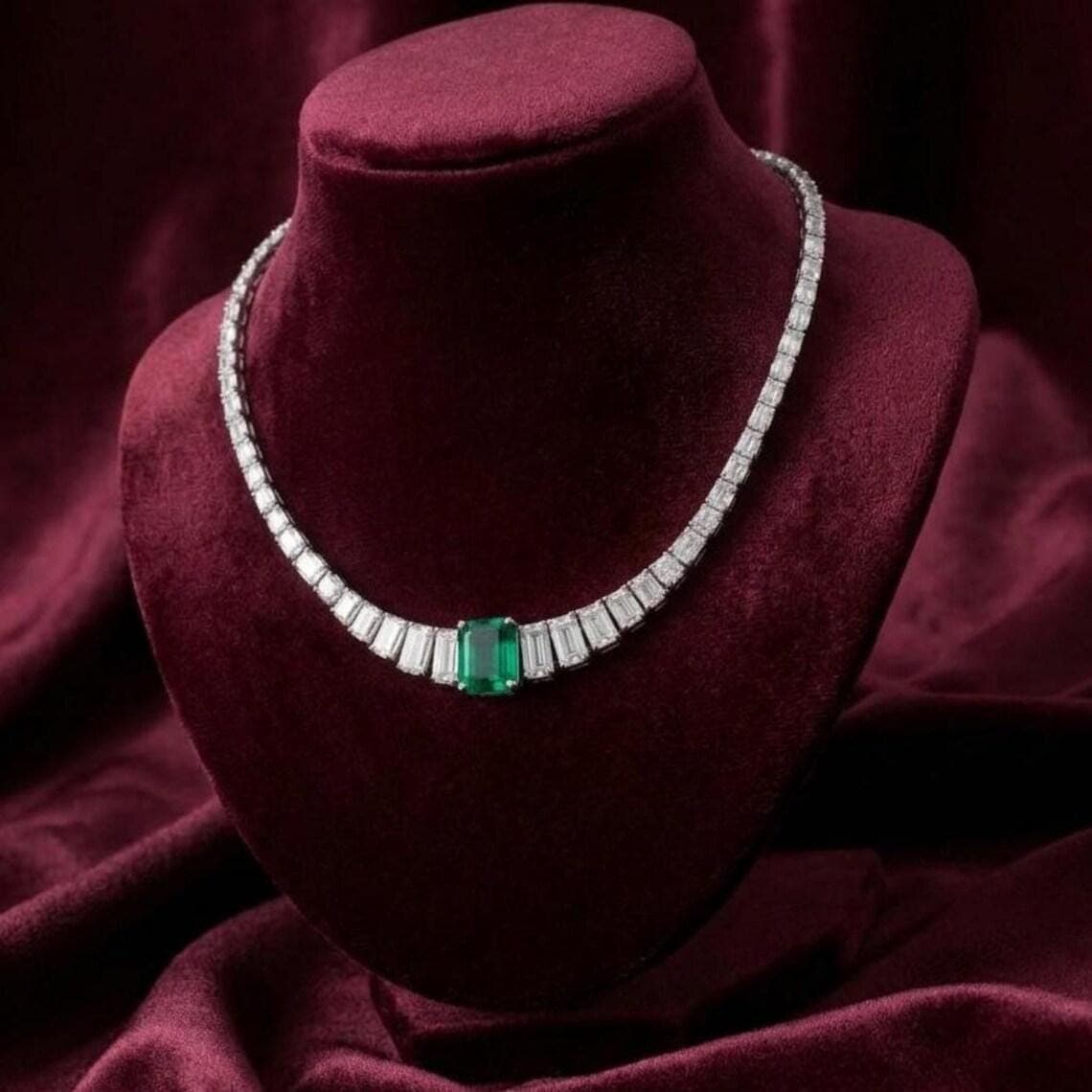 Green Emerald Cut Solitaire Tennis Necklace 14K Gold — View 3