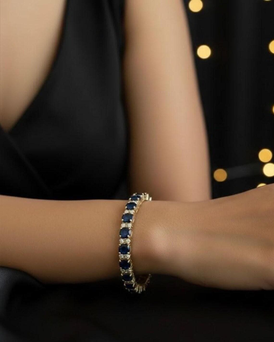 14K Gold Plated Blue Sapphire Tennis Bangle — View 2