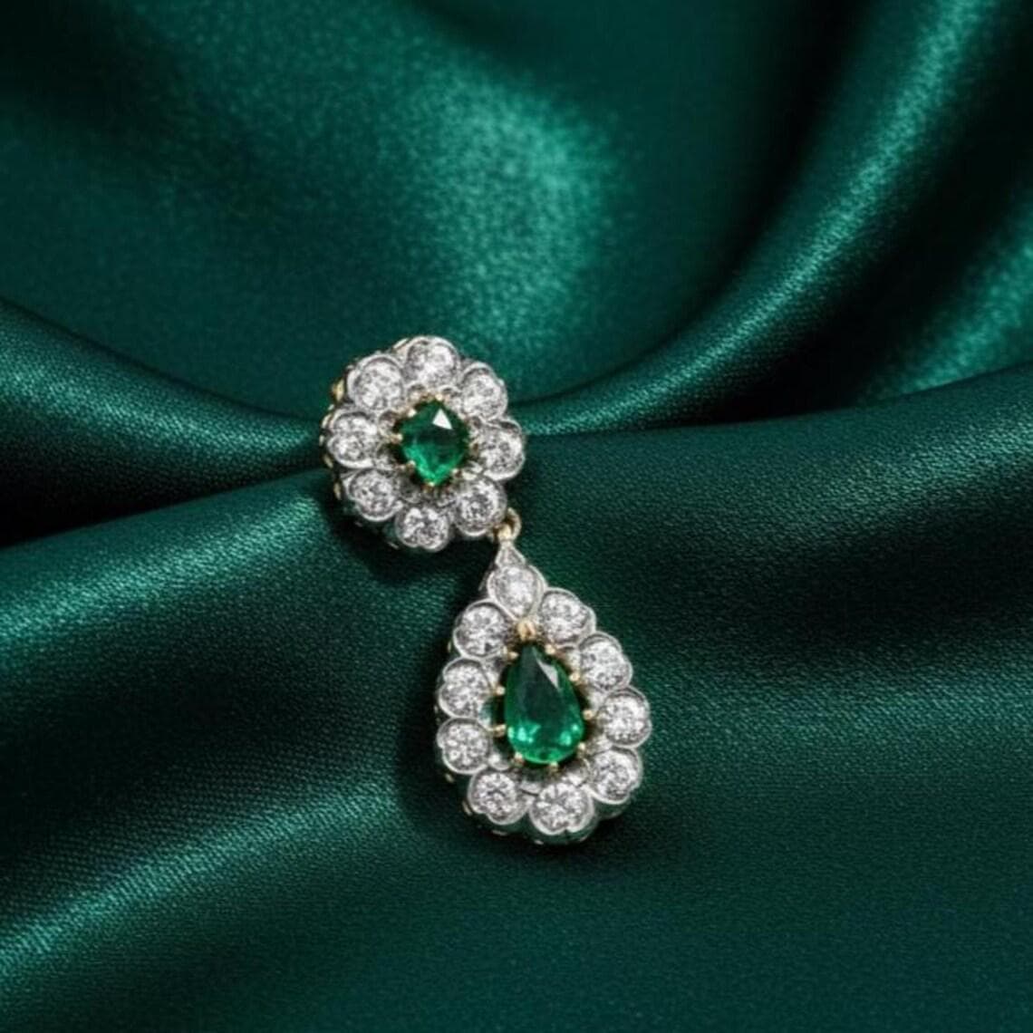 Victorian Emerald Diamond Drop Earrings — View 3
