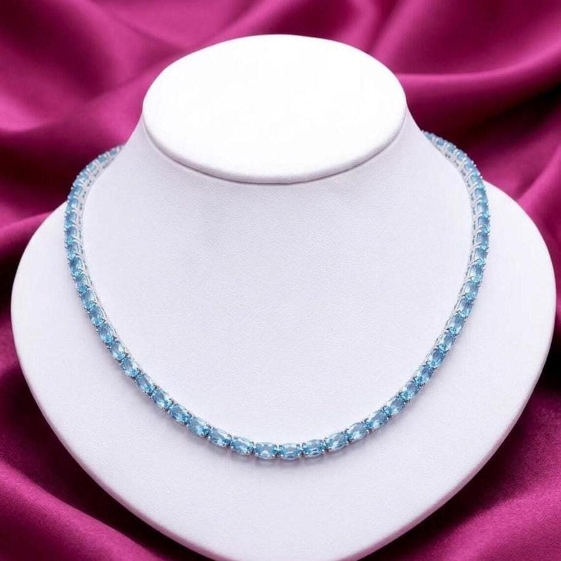 Ice Blue Oval Cut Aquamarine Tennis Necklace — View 3