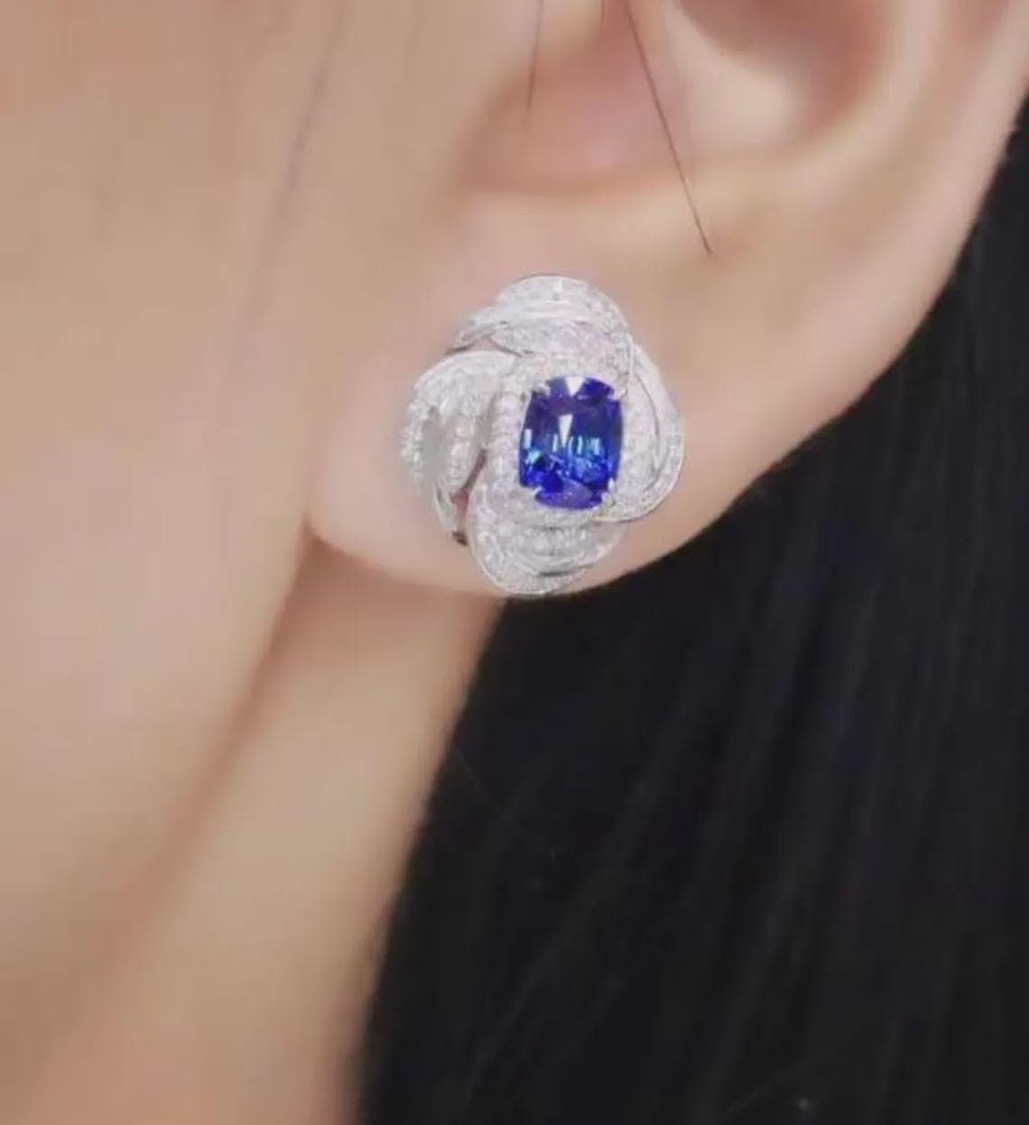 Cushion Cut Blue Sapphire Halo Stud Earrings — View 3
