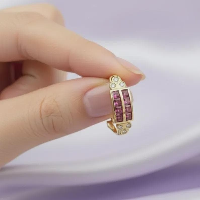14K Gold Ruby Diamond Huggie Hoops — View 5
