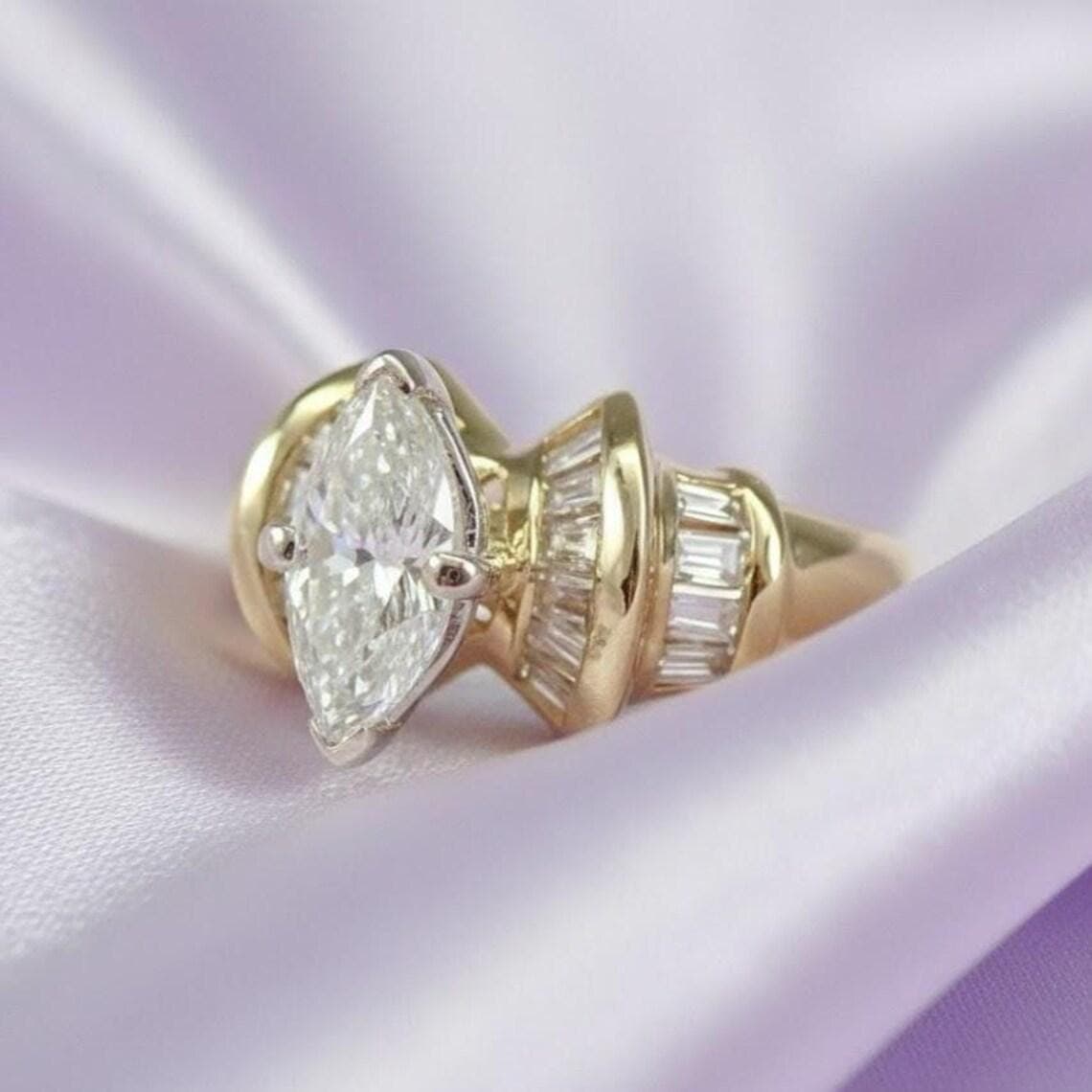 Marquise & Baguette Diamond Moissanite Engagement Ring 14K — View 3
