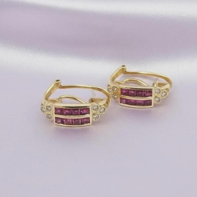 14K Gold Ruby Diamond Huggie Hoops — View 3