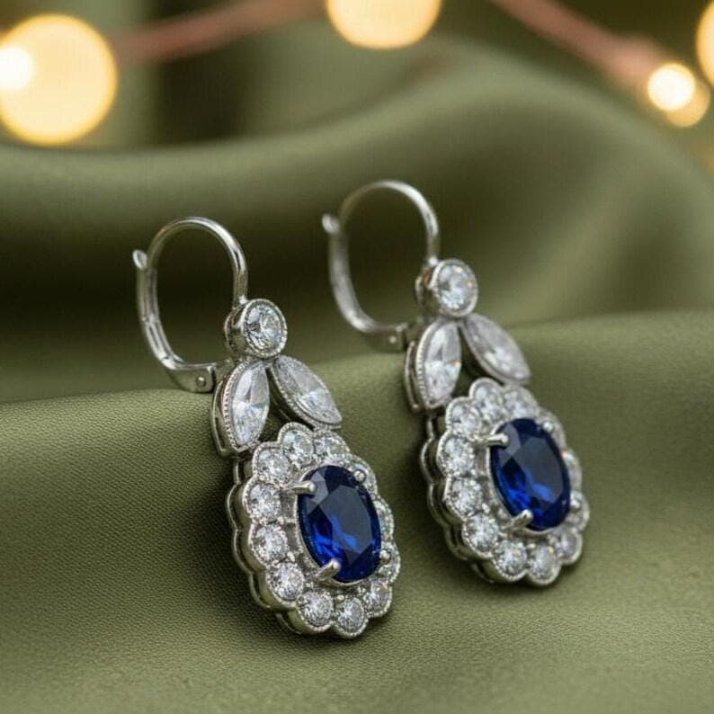 Blue Sapphire Diamond Halo Drop Earrings — View 4
