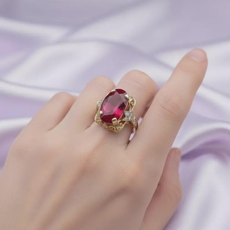 14K Gold Plated Vintage Red Ruby & Diamond