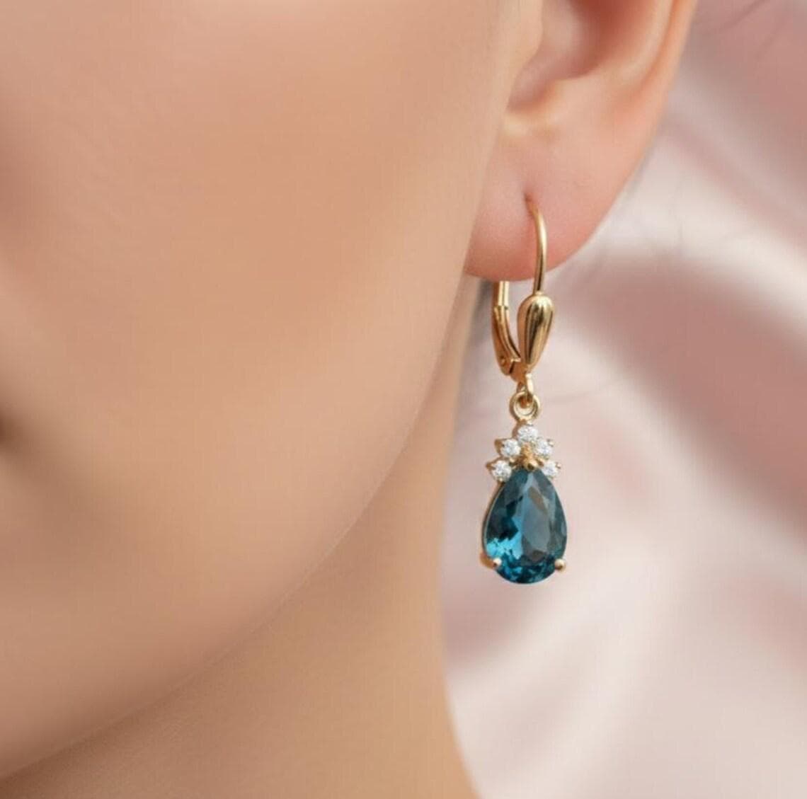 Blue Topaz Teardrop Dangle Earrings — View 4