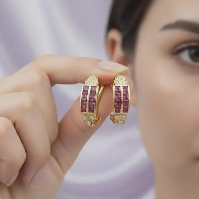 14K Gold Ruby Diamond Huggie Hoops — View 4