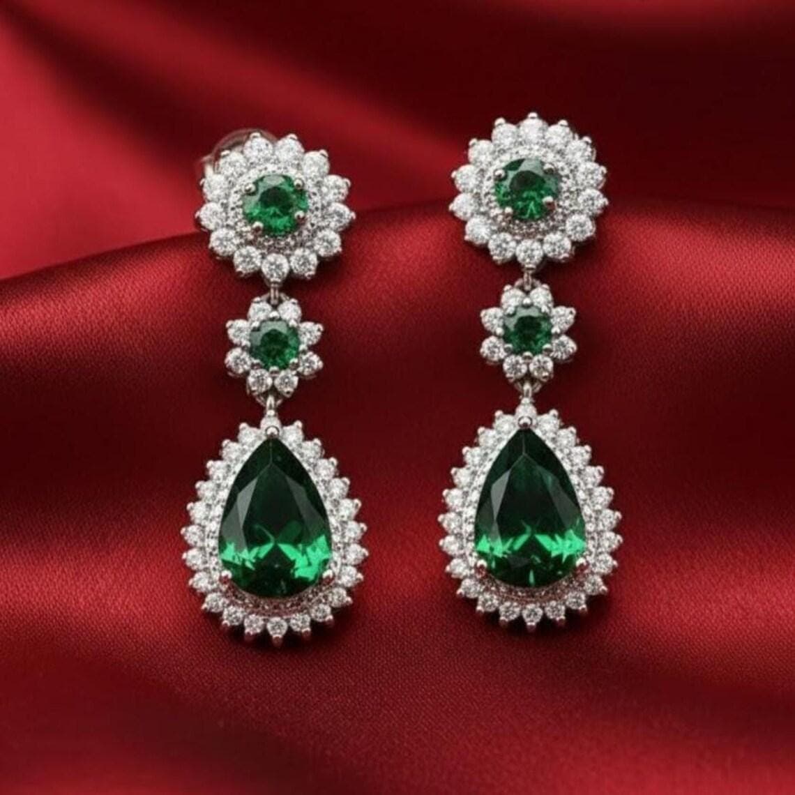 Emerald Moissanite Halo Drop Earrings