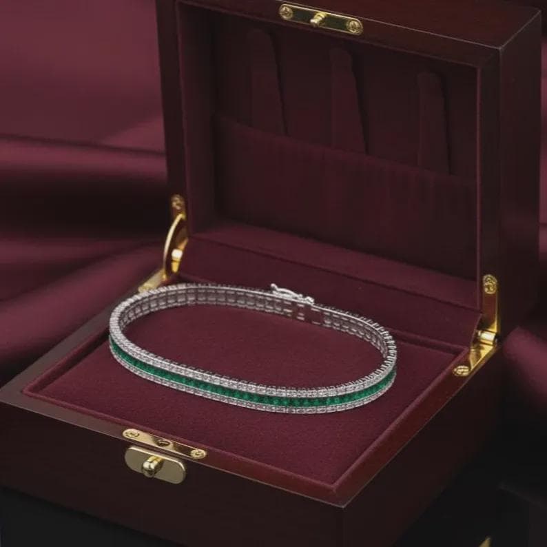 Elegant Emerald and Diamond Tennis Bracelet Double Row — View 6