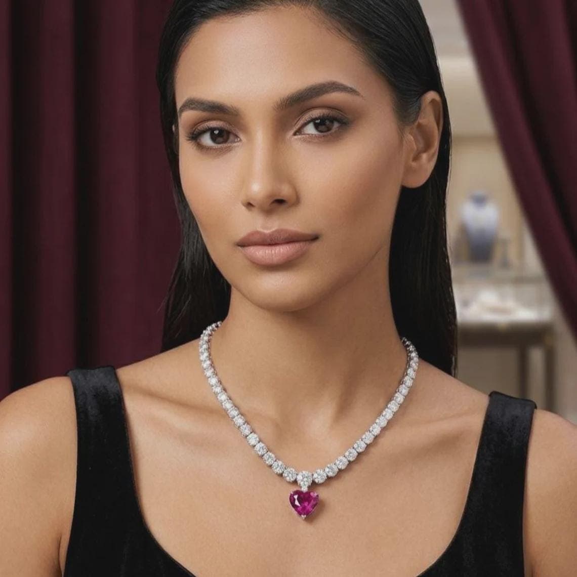 Eternal Heart Pink Ruby Tennis Necklace 14K Gold — View 3