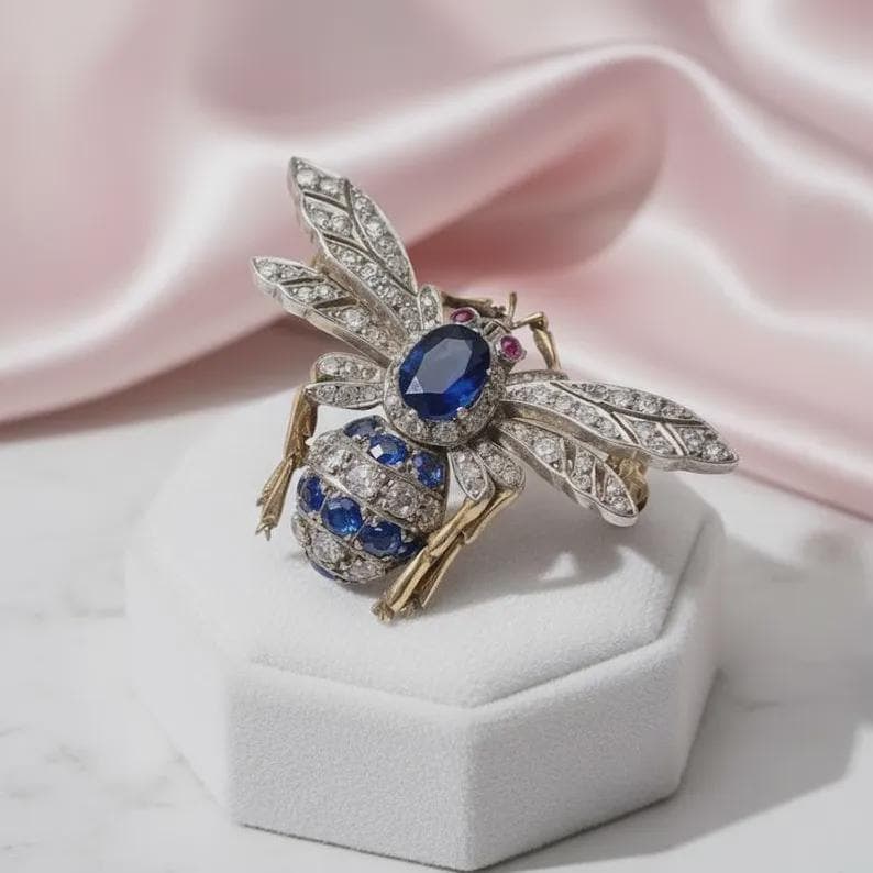 Elegant Sapphire & Diamond Bee Brooch — View 1