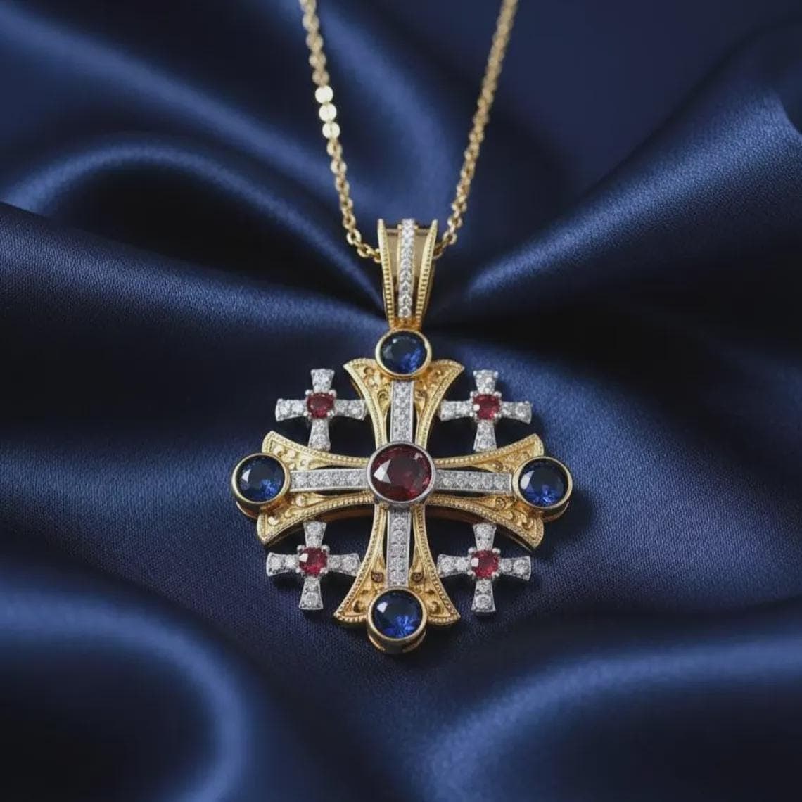 Round Sapphire & Garnet Cross Pendant Necklace For