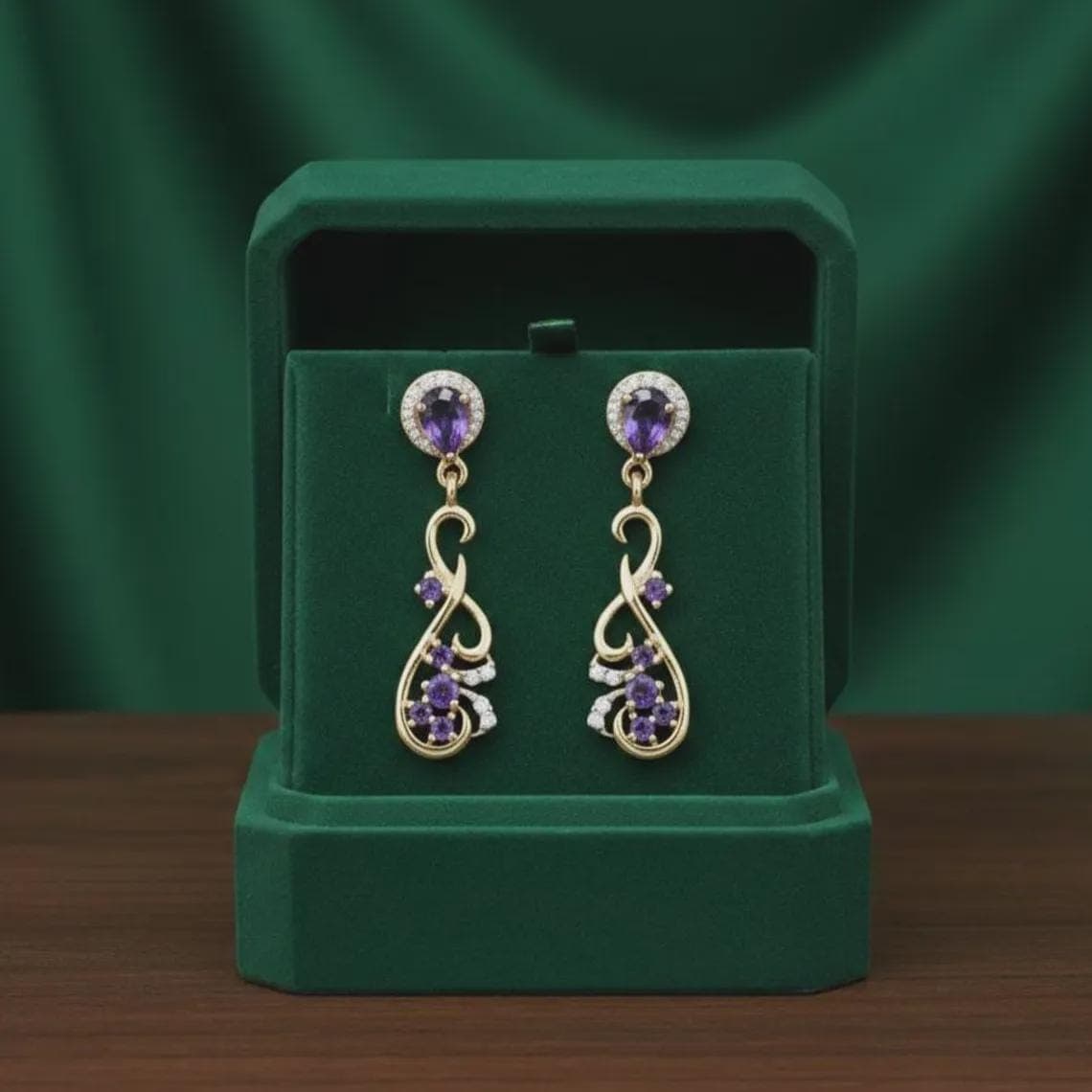 Rounded Pear Amethyst Earrings Diamond Engagement 14K Yellow — View 4