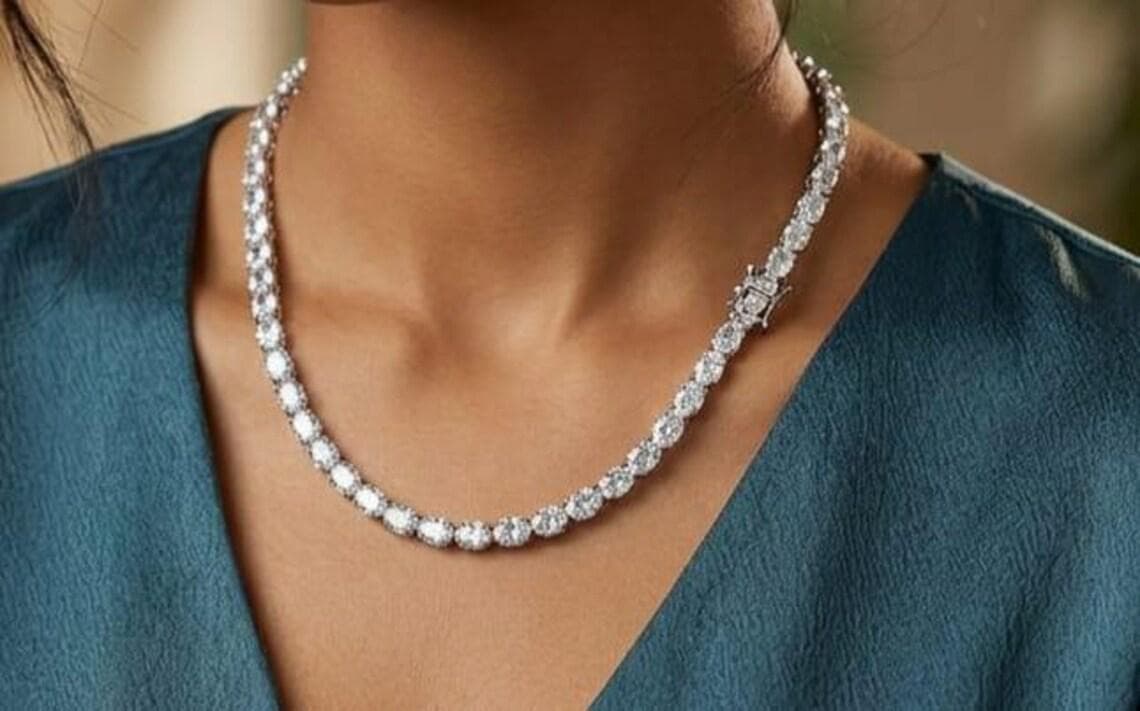 Moissanite Oval 6x4 mm Tennis Necklace: Platinum Over — View 3