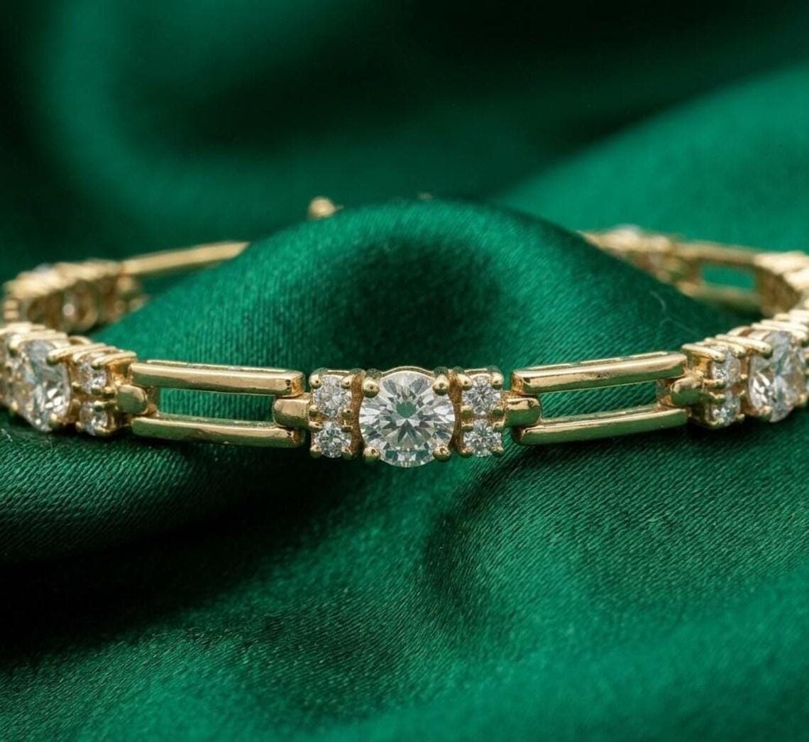 Bar Link Diamond/Moissanite Tennis Bracelet 14K Yellow Gold — View 5