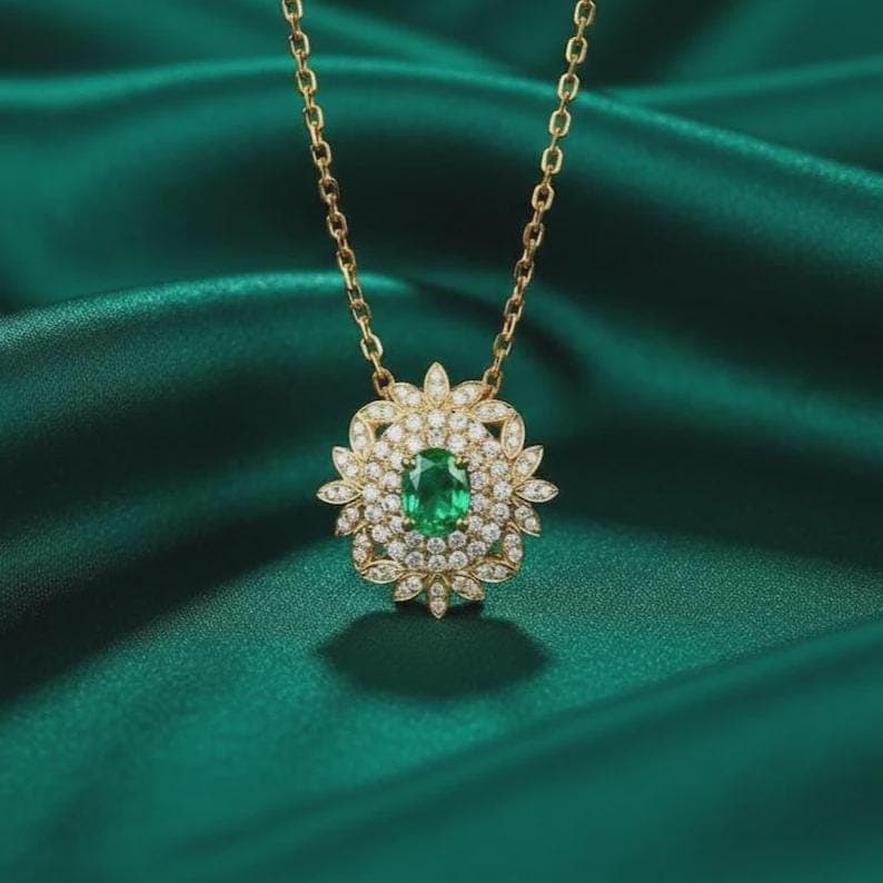14K Gold Finish Emerald Diamond Halo Pendant Necklace