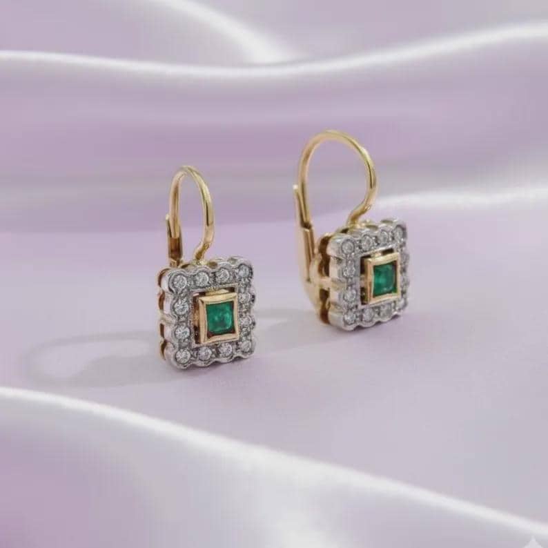 Princess Cut Emerald Halo Dangle Earrings