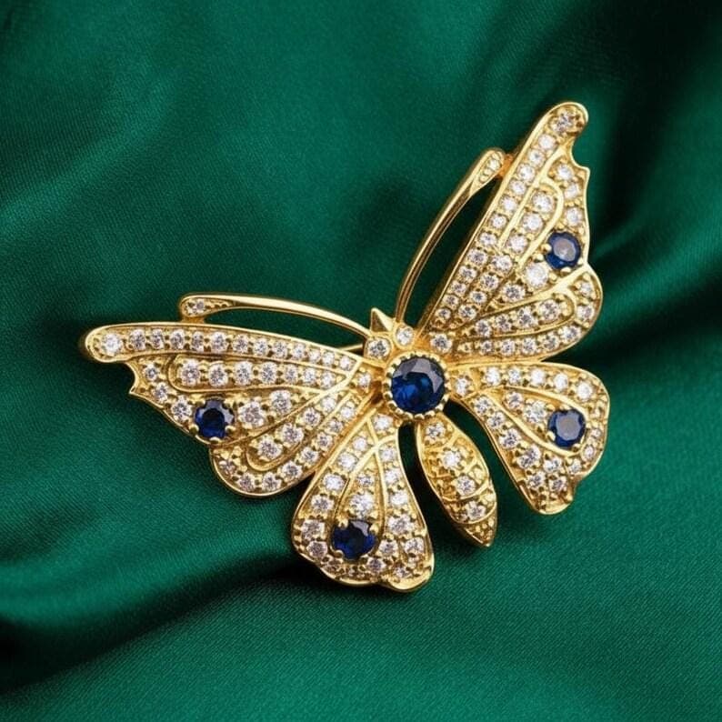 Round Cut Blue Sapphire Butterfly Brooch — View 5
