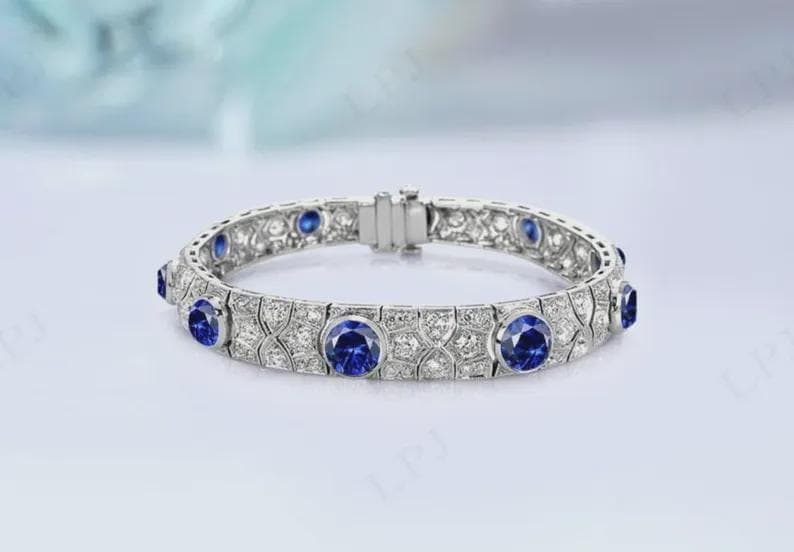 Vintage Style Blue Sapphire and Diamond Bracelet Elegant