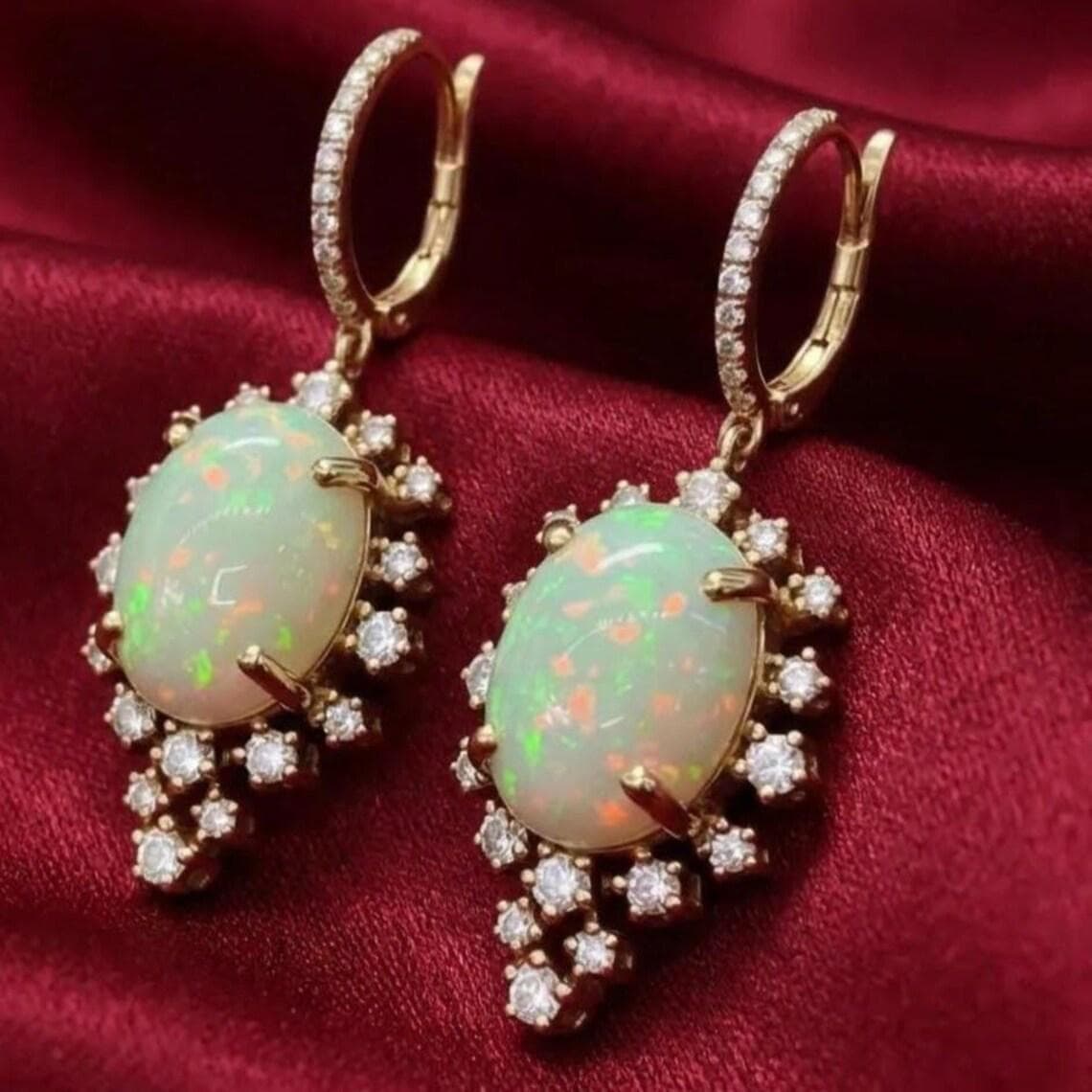 2.20 Ct Fire Opal Diamond Halo Drop Earrings — View 3