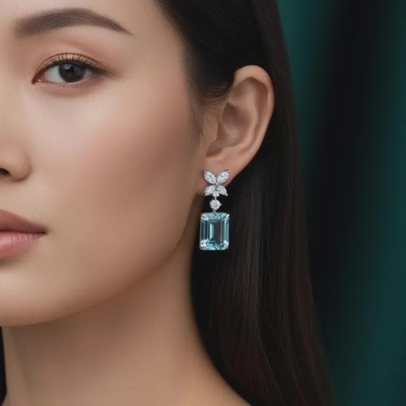 Aquamarine Emerald Cut Dangle Earrings — View 3