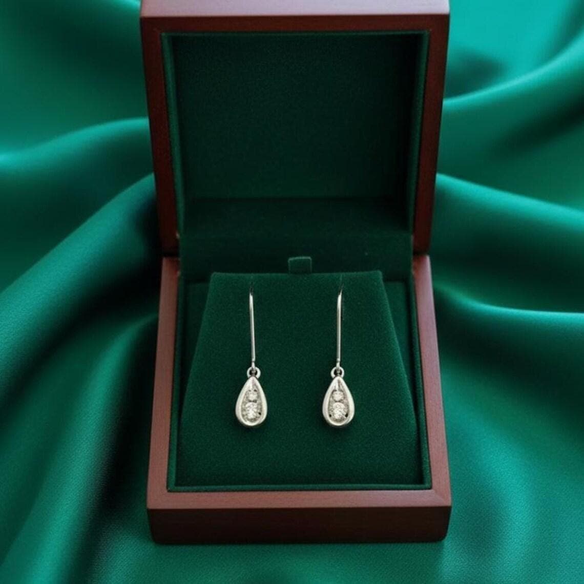Moissanite Minimalist Two Stone Drop Dangle 14K White — View 4