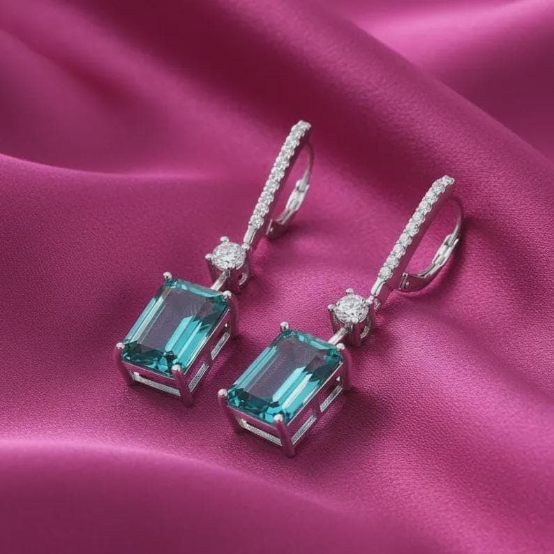 Emerald Cut London Blue Topaz Drop Earrings