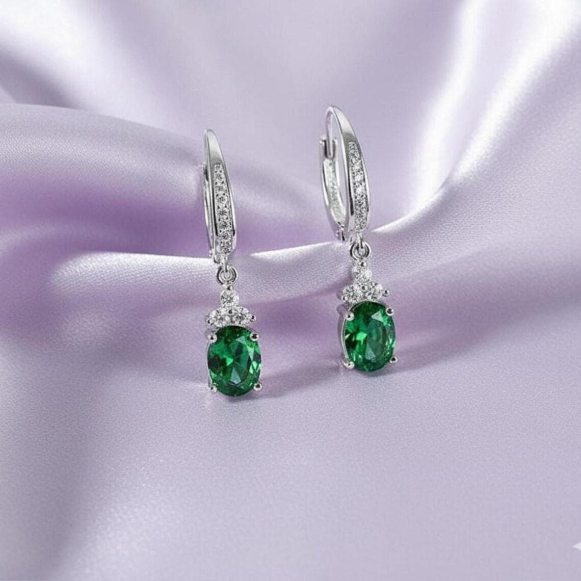 Oval Green Emerald & Diamond Women's Earrings 14K — View 2