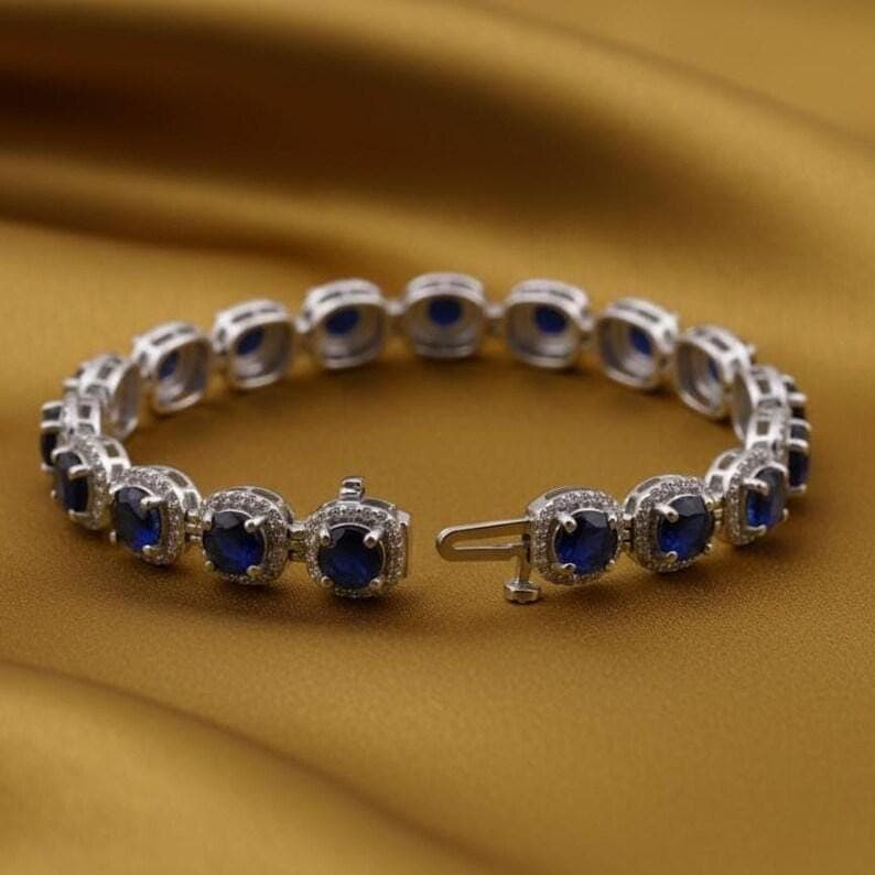 Oval Blue Sapphire Tennis Bracelet with Diamond Halo — View 3
