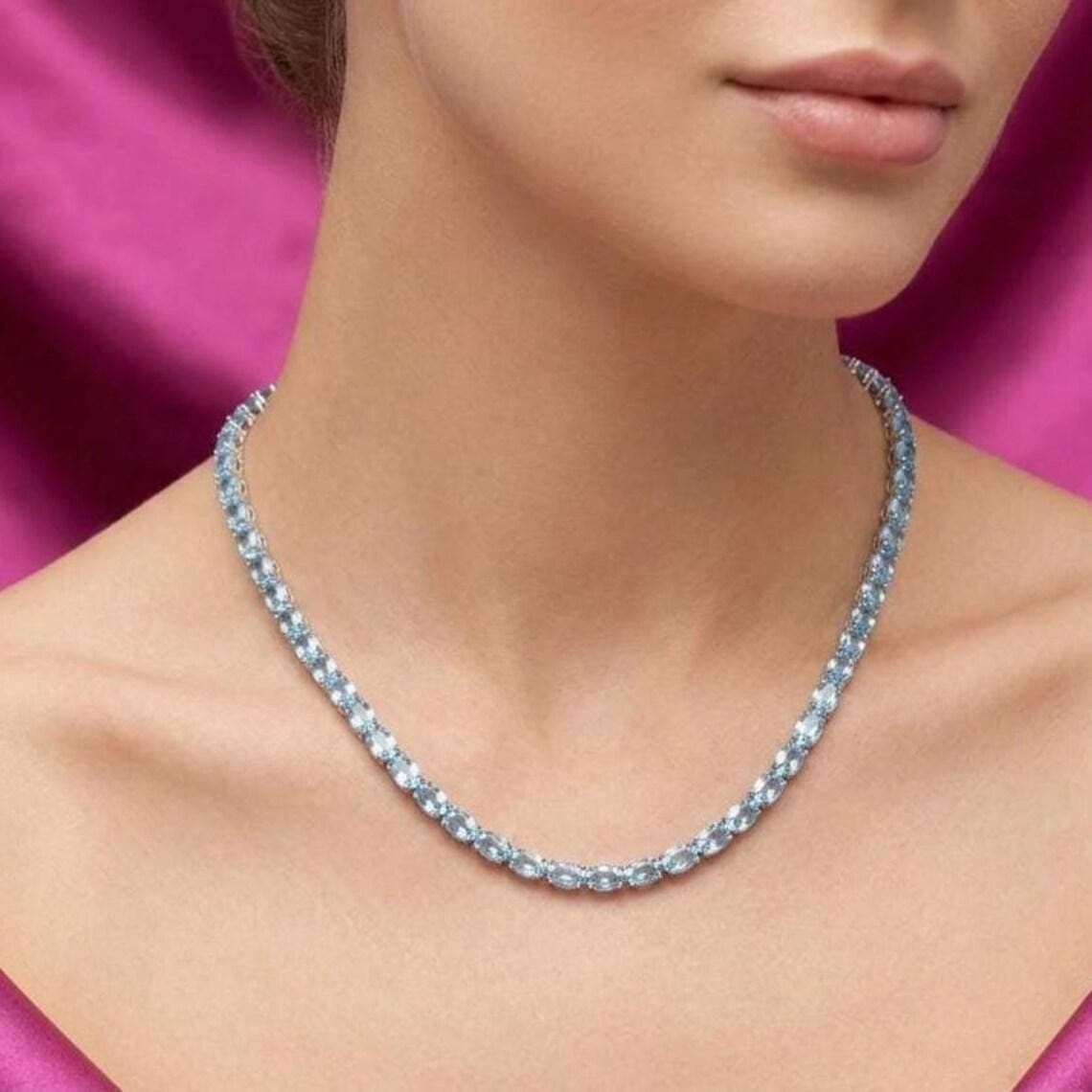 Ice Blue Oval Cut Aquamarine Tennis Necklace