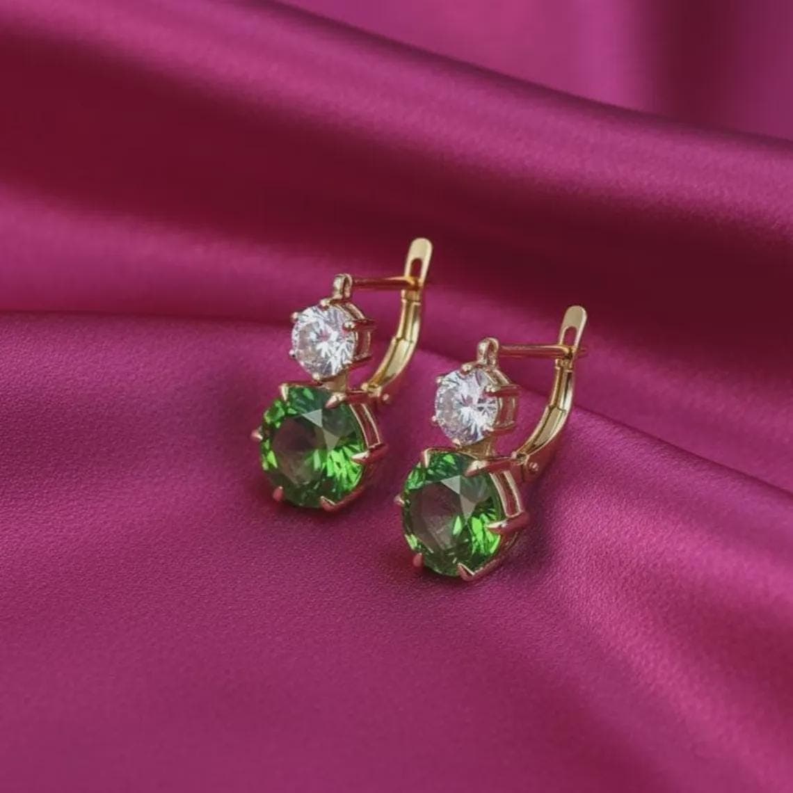 Round Cut Green Emerald Drop Earrings — View 2