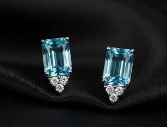 Emerald-Cut Aquamarine &WOMENS Diamond Accent Stud Earrings — View 4