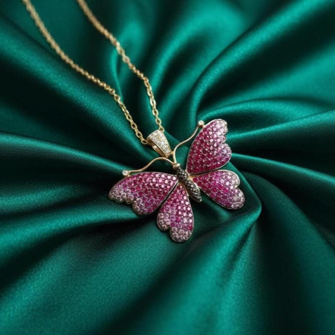 Pink Ruby Sapphire Butterfly Pendant Necklace — View 3