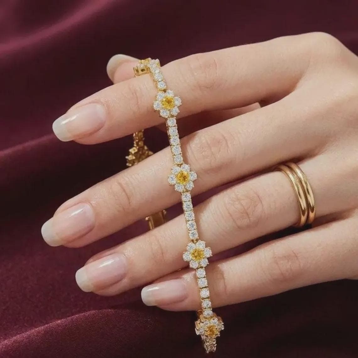 Yellow Citrine & Diamond Flower Women's Link 14K — View 3