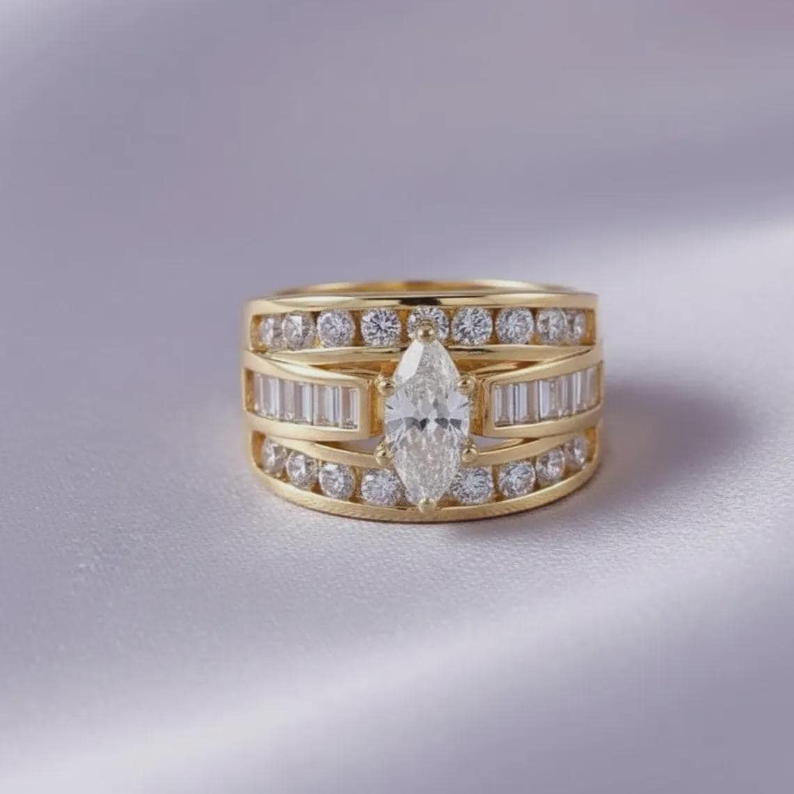 Marquise Diamond/Moissanite Unisex Statement Ring 14K Gold Plated