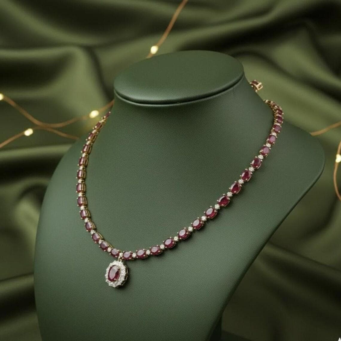 14K Gold Plated Ruby Diamond Pendant Necklace